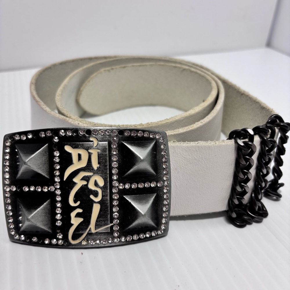 Diesel White and Black Belt with Studded Buckle